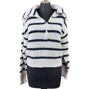 American Eagle Sweater Chunky Knit Oversized Collar Striped Cream Blue Large
